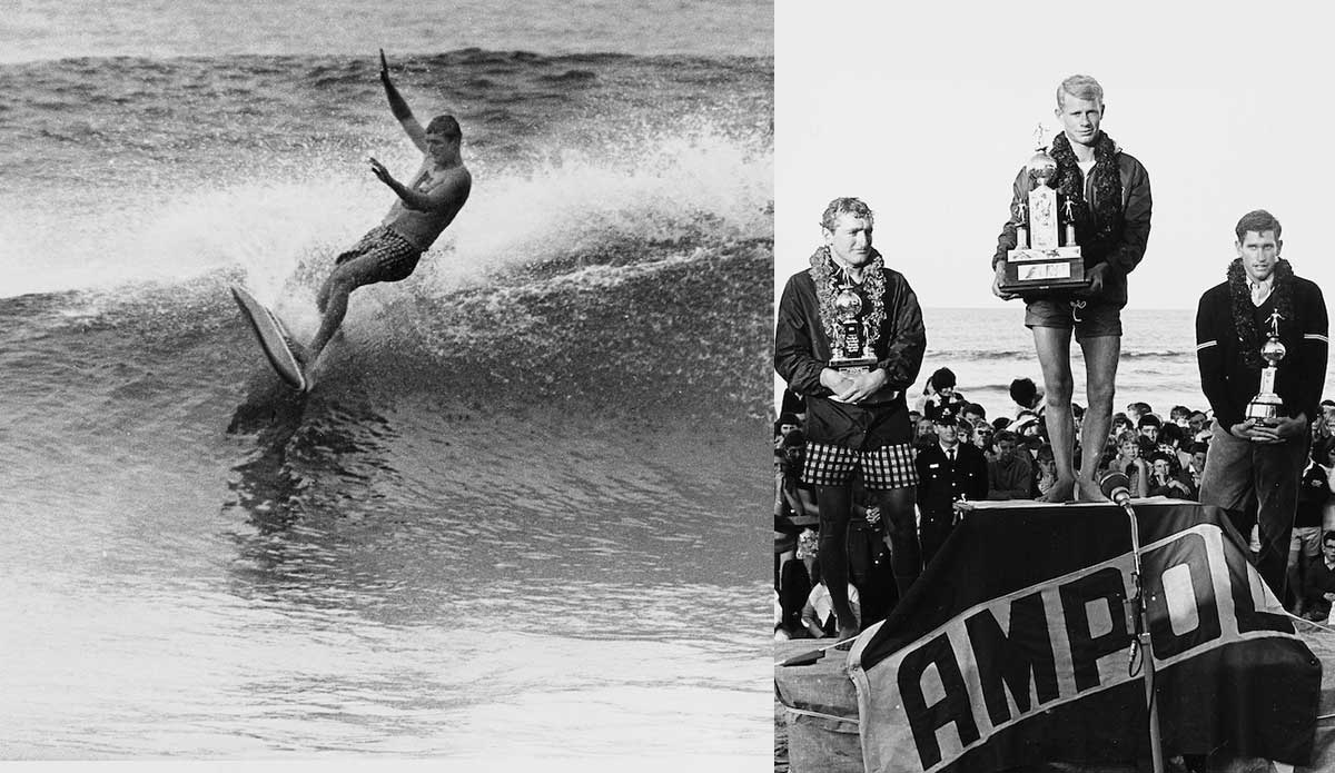 While it was Farrelly that topped the podium in ’64, there was no shortage of notable talent on hand. California hot-dogger Mike Doyle (left) would finish runner-up and Hawaiian stylist Joey Cabell finished third. Photo: <a href=\"http://www.isasurf.org/\">Jack Eden | ISA</a>