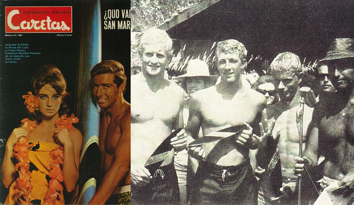 In ’65 the World Surfing Championship moved to Lima, Peru, where eventual winner Felipe Pomar (picture on the left), who had become somewhat of a celebrity in his native country, hosted the festivities at Club Waikiki. Australians like Farrelly and adventurer Peter Troy enjoyed the nightlife almost as much as the surf. The picture on the right includes (from right to left) ISA founder Eduardo Arena, Midget Farrelly, Nat Young, Peter Troy, and unidentified. Photo: <a href=\"http://www.isasurf.org/\">ISA Archive</a>