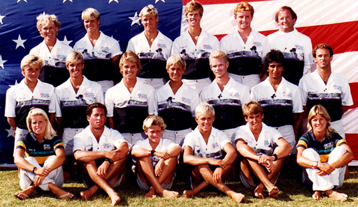 1984 United States Gold Medal Team from the ISA World Surfing Championship in Huntington Beach: Back row (left to right): Coach Peter “PT” Townend, Brad Gerlach, Chris Burke, Mike Parsons, Dave Oates, Coach Chuck Allen. Middle row: Doug Silva, Scott Farnsworth, Bill Johnson, Jeff Booth, Randy Wright, unidentified, Sean McGriff. Front row: Tricia Gill, Craig Comen, Todd Holland, Richard Woolcott, Phil Fein, Janice Aragon. Photo: <a href=\"http://www.isasurf.org/\">Peter Townend</a>