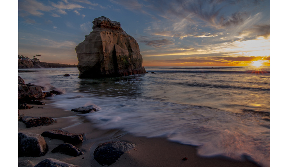 The Iconic Bird Shit rock at Sunset Cliffs. Sunset Cliffs, San Diego.