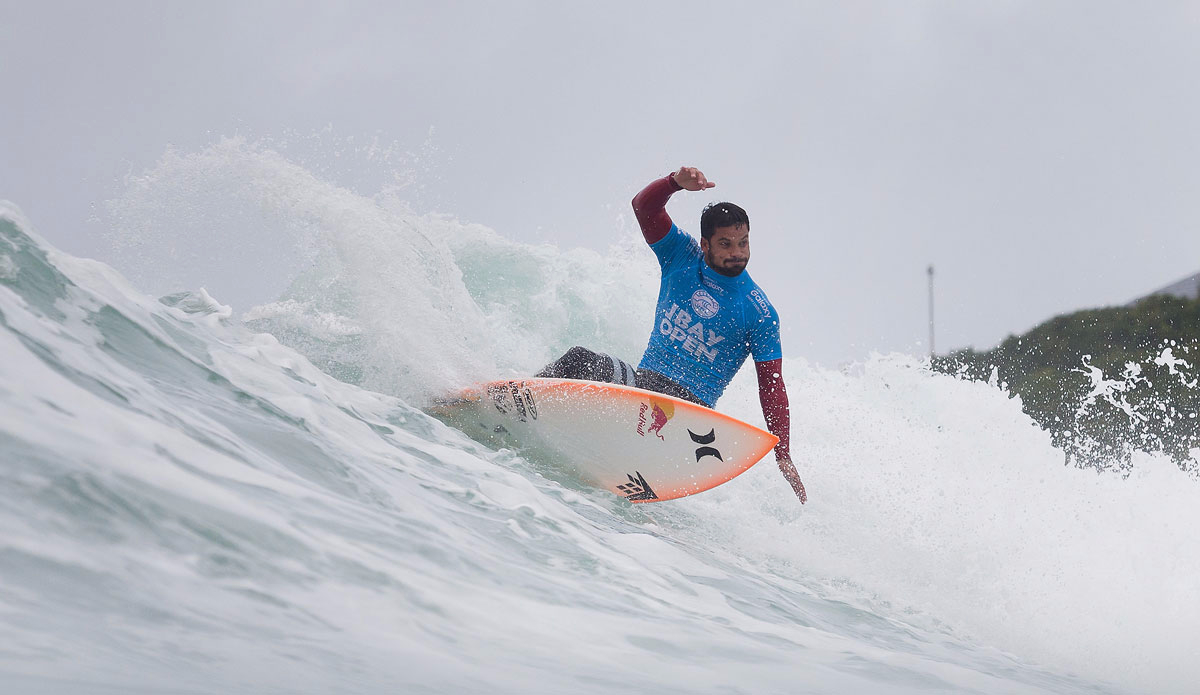 Michel Bourez of Tahiti (pictured) placing second his Round 4 heat at the JBay Open to advance into the Quarterfinals on Saturday July 18, 2015. Photo: <a href=\"http://www.worldsurfleague.com/\">WSL</a>/<a href=\"https://instagram.com/kc80\">Cestari</a>