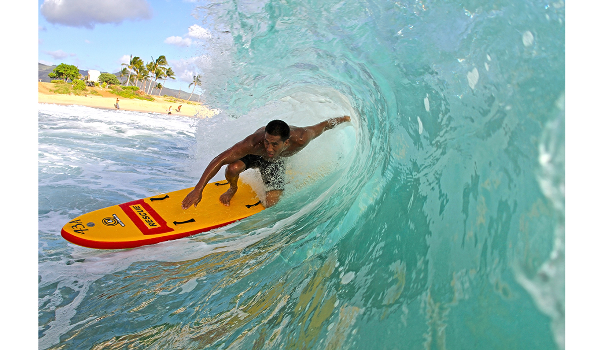 Keoni Keaulana is a Hawaiian from the Westside of Oahu who can surf anything, including this inflatable rescue board. Photo: <a href=\"http://instagram.com/manaphotohawaii\">Mana Photo Hawaii</a>