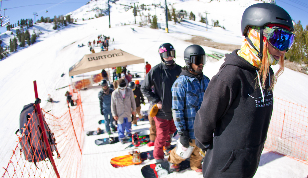 Local shred boss lady Mariah Dugan patiently awaits her practice run in a JLA hoodie reading \"I\'m not new to this, I\'m true to this.\" Photo: <a href=\"http://www.thegrimlab.com/\">Chris Moran</a>