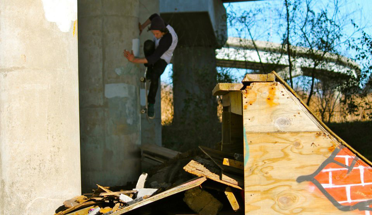 I used to shoot under this bridge a lot while I was living in Charleston, SC. When the quarter pipes are falling apart you have to get creative. Here, Elliott Taylor, is doing just that. Photo: <a href=\"http://www.studiopierce.com/about/\">Josh Pierce</a>