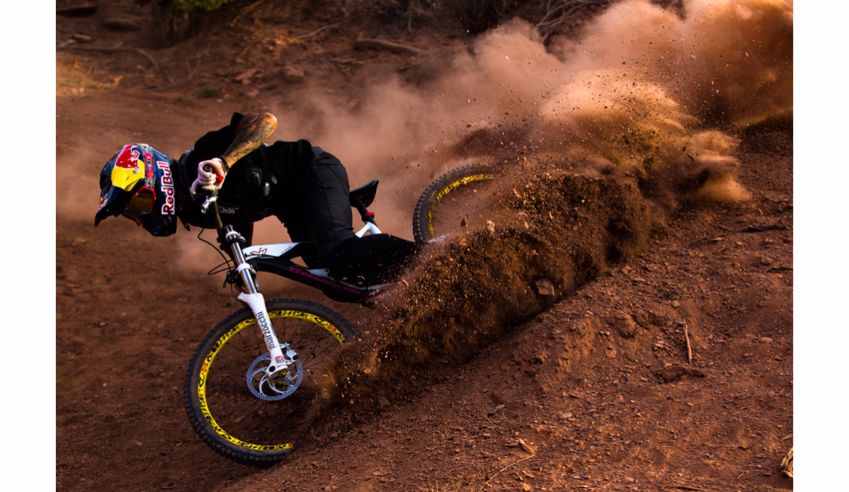 Andreu Lacondeguy rips through a berm during a practice session at Red Bull Rampage in Virgin, Utah. Photo: <a href=\"https://instagram.com/krystlejwright/\">Krystle Wright</a>