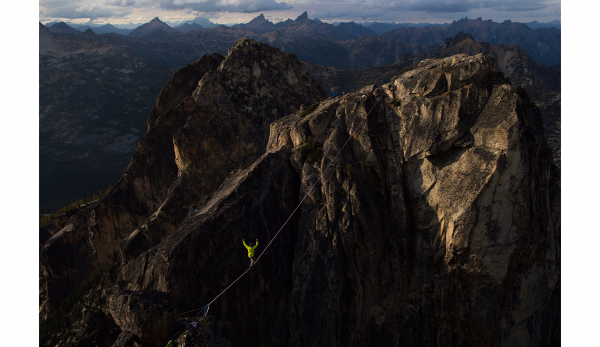 Ben Plotkin-Swing walks a 181-foot highline between the northerly and southerly Winter Spires in the Cascades National Park, Washington, USA. Photo: <a href=\"https://instagram.com/krystlejwright/\">Krystle Wright</a>