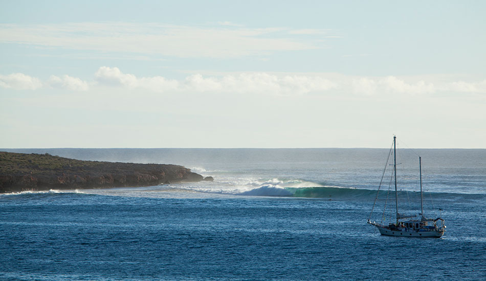 The view from our camp site in Gnarloo. The Bluff doing its thing and a very lucky crew on this boat. North West Australia. Photo: <a href=\"http://www.reposarphoto.com\">Jason Reposar</a>