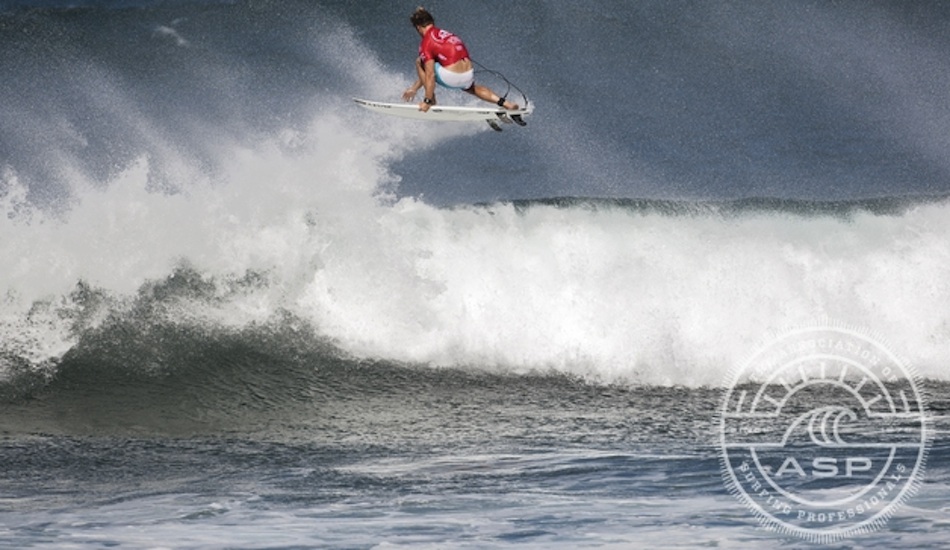 Reef Hawaiian Pro, Haleiwa, 2011: Taj Burrow is the 2011 Reef Hawaiian Pro Champion, but not before Josh Kerr pulled off some impressive airs. Kerr received one of the highest wave scores with a 9.70 in the first heat. Photo: <a href=\"http://aspworldtour.com/\" target=_blank>ASP</a>.    