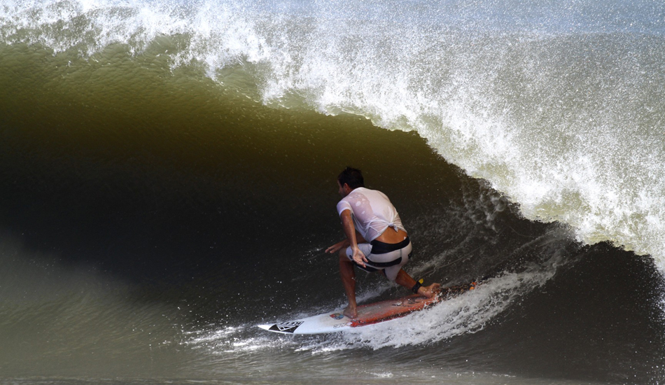 Ben Bourgeois. Ben, kind of drifting at the beginning of this wave tunnel. Stall, get deep and hope you make it! Image: McCarthy