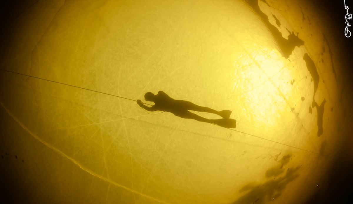 Freediver Chloe Villaume freediving under the ice. Photo: <a href=\"http://liabarrettphotography.com/\" target=_blank>Lia Barrett</a>