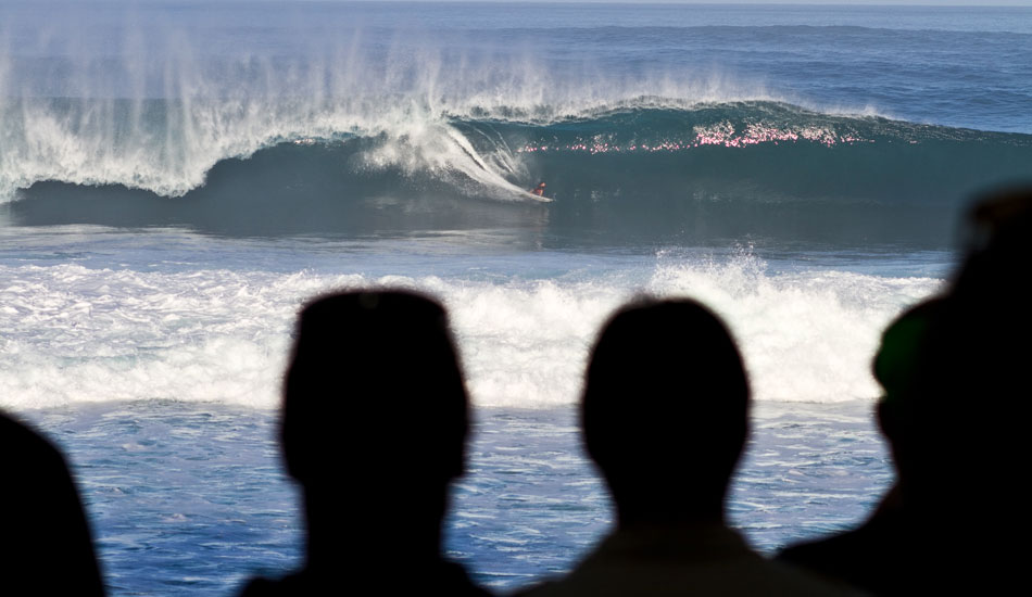 Looking out from the Quik House at Pipe during the Da Hui Shootout.  That’s Dino Adrian on a nug! Photo: Rusty Long