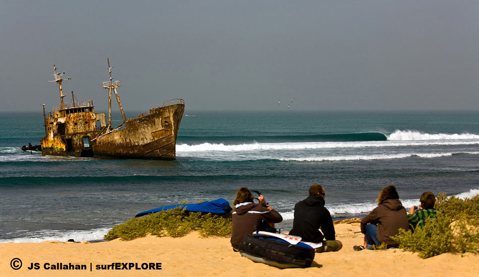 Mauritania. The area around the Nouadhibou Peninsula is known as
the shipwreck capital of the world as it is littered with hundreds of rusting wrecks, which were driven ashore as part of insurance scams. This hulk sits in the middle of a great right point. Photo: John Seaton Callahan/surfEXPLORE