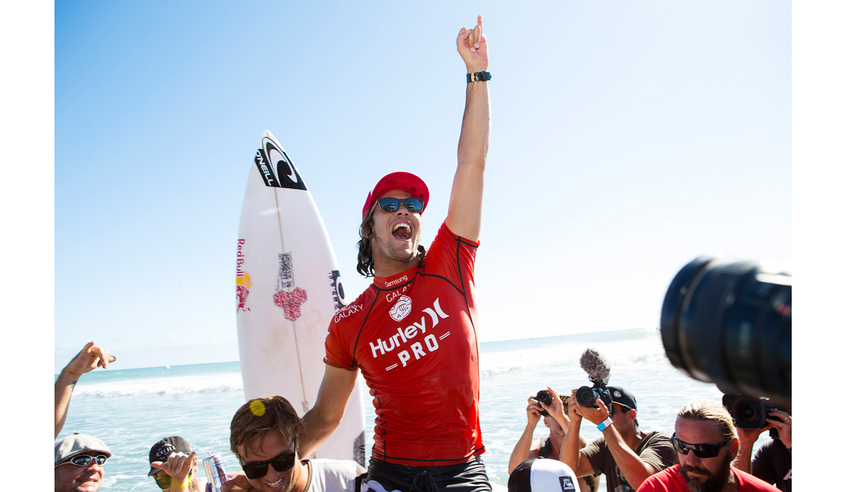 Jordy Smith posted a 9.33 and a 7.17 in the final to defeat John John Florence and earn his first victory of the 2014 season. Photo: <a href=\"http://www.aspworldtour.com/\">ASP/Kirstin</a>