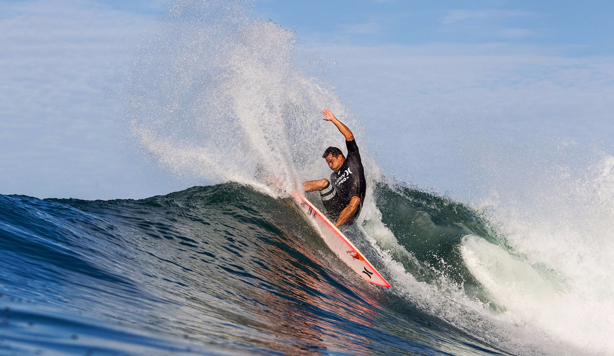 Michel Bourez of Tahiti (pictured) winning his Round 2 heat at the Hurley Pro on Thursday September 11, 2015. Michel  advanced into Round 3. Photo: <a href=\"http://www.worldsurfleague.com/\">WSL/<a href=\"https://instagram.com/nomadshotelsc/\"</a>/Rowland</a>