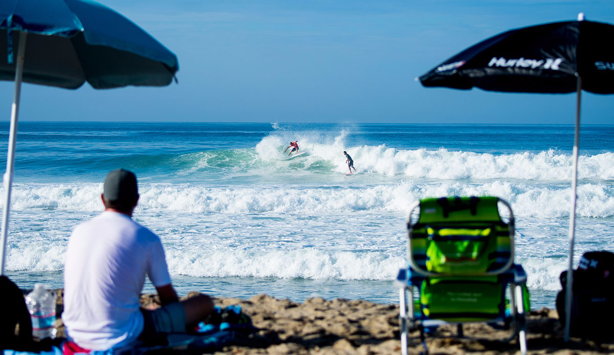 Sebastien Zietz of Hawaii (pictured red) interferes with Michel Bourez\'s of Tahiti (pictured black) wave at the Hurley Pro Trestles on Friday Spetember 11, 2015. Zietz was eliminated from the event. Photo: <a href=\"http://www.worldsurfleague.com/\">WSL/<a href=\"https://instagram.com/kirstinscholtz/\"</a>/Kirstin Scholtz</a>