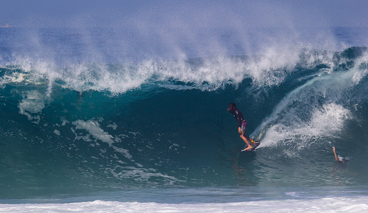 São Conrado is a heavy beach break in the middle of Rio de Janeiro. It\'s perfect for tow sessions when it\'s big. Here\'s Ian Vaz in a good one.