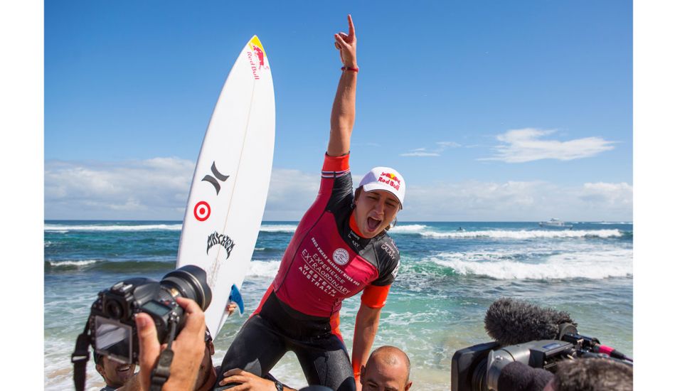 Carissa Moore of Oahu, Hawaii (pictured) celebrates her second consecutive victory at the Drug Aware Margaret River Pro after defeating Tyler Wright in the Final in Australia on Sunday April 6, 2014. Moore posted her two high scoring rides in the dying minutes of the heat to defeat Wright b 15.73 to 14.10 (both out of 20.00). Photo: <href=\"http://www.aspworldtour.com/\">Kirstin/ASP</a>