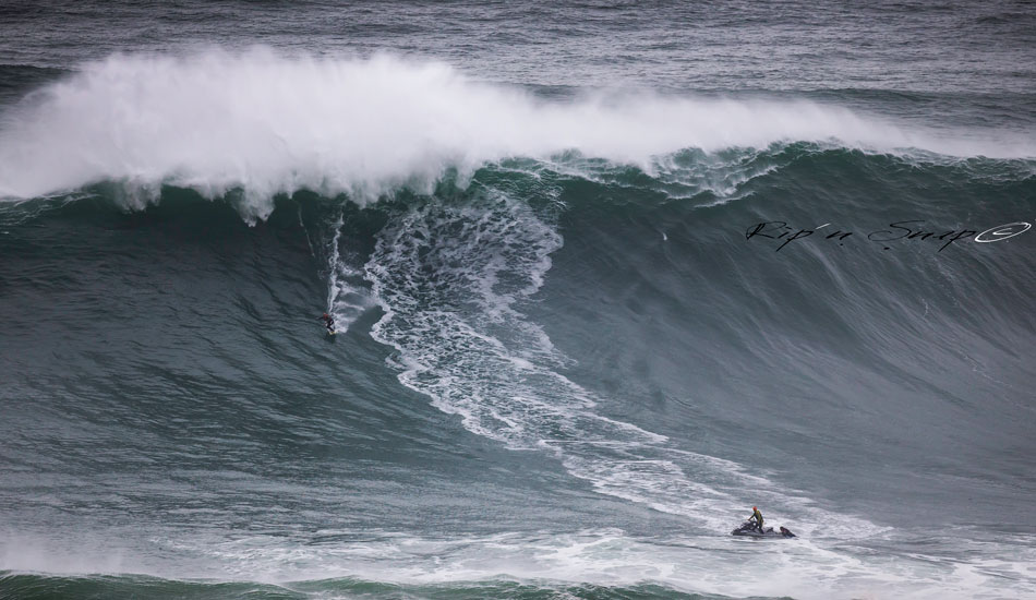 Pretty lucky that the Jet Ski can wait for you almost in the impact zone and not have the constant fear of being crushed. Such is the upside to a slow breaking wave. Photo: <a href=\"https://www.facebook.com/ripandsnap\" target=_blank>Mark Wengler</a>