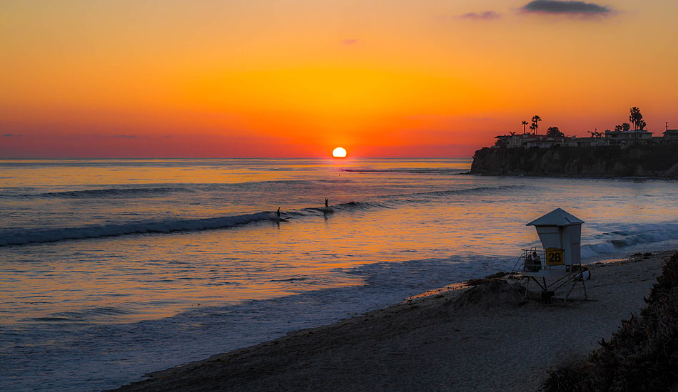 A couple of longboarders glide through the last light in Pacific Beach. Photo: <a href=\"http://www.mattadenphotography.com\">Matt Aden</a>