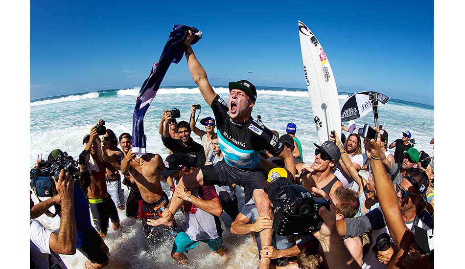 Mick Fanning, seconds after being pronounced world champ. Photo: <a href=\"http://mattdunbar.com.au\">Matt Dunbar</a>