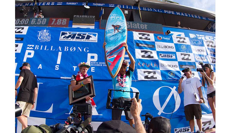 Finalists Kelly Slater and John John Florence with their prizes. Photo: <a href=\"http://mattdunbar.com.au\">Matt Dunbar</a>