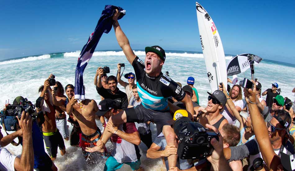 Mick Fanning moments after hearing he got the 9.7 that solidified his status as world champ. Photo: <a href=\"http://mattdunbar.com.au\">Matt Dunbar</a>