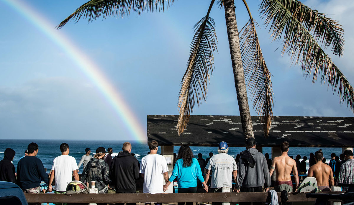 The Paddle out was kicked off by a big prayer in his honor and an accompanied by an ever so beautiful rainbow that actually stayed through the whole entire paddle out. Photo:<a href=\"https://instagram.com/mauimarcc\"> Marc Chambers</a>