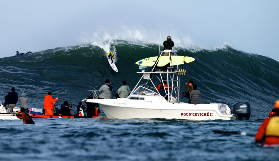 Greg Long makes a steep takeoff during his heat at the 2014 Maverick\'s Invitational in Half Moon Bay, California. Photo: <a href=\"http://www.driftwoodfoto.com/\">Benjamin Ginsberg</a>