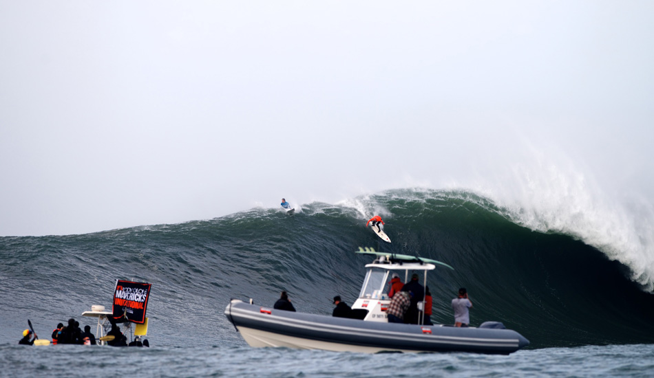 Shane Dorian dropping a steep, fertile wave on his way to a second place finish at the 2014 Maverick\'s Invitational in Half Moon Bay, California. Photo: <a href=\"http://www.driftwoodfoto.com/\">Benjamin Ginsberg</a>