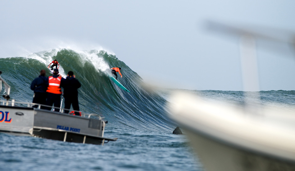 Kohl Christensen air-drops a left on the way to the semi-finals in the 2014 Maverick\'s Invitational in Half Moon Bay, California. Photo: <a href=\"http://www.driftwoodfoto.com/\">Benjamin Ginsberg</a>