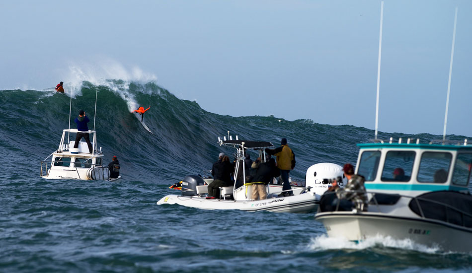 Shane Dorian handling a choppy drop at the 2014 Maverick\'s Invitational in Half Moon Bay, California. Photo: <a href=\"http://www.driftwoodfoto.com/\">Benjamin Ginsberg</a>