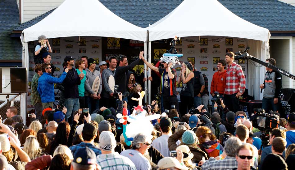 Contest winner Grant \"Twiggy\" Baker wearing a balloon-surfer-hat courtesy of the previous winner Peter Mel at the 2014 Maverick\'s Invitational in Half Moon Bay, California. Photo: <a href=\"http://www.driftwoodfoto.com/\">Benjamin Ginsberg</a>