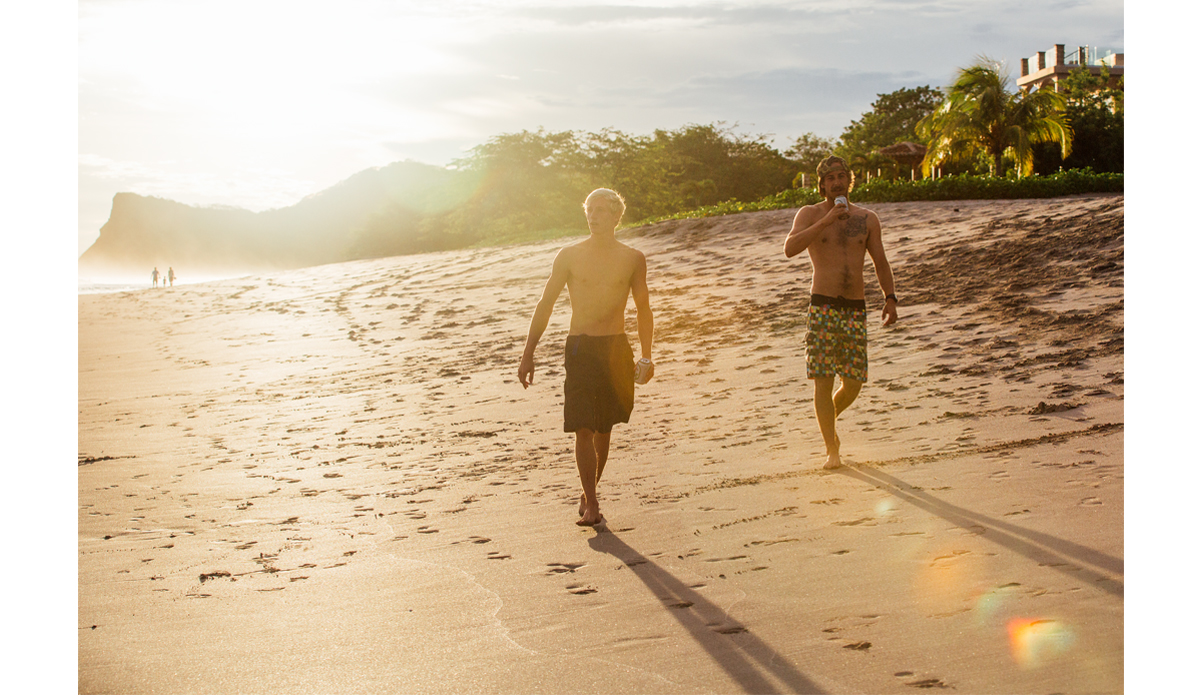 Peter Smith and Fletcher Sams staying hydrated while out for a sunset surf check.  Photo: <a href=\"http://www.maxxbuchanan.com/\">Maxx Buchanan</a>