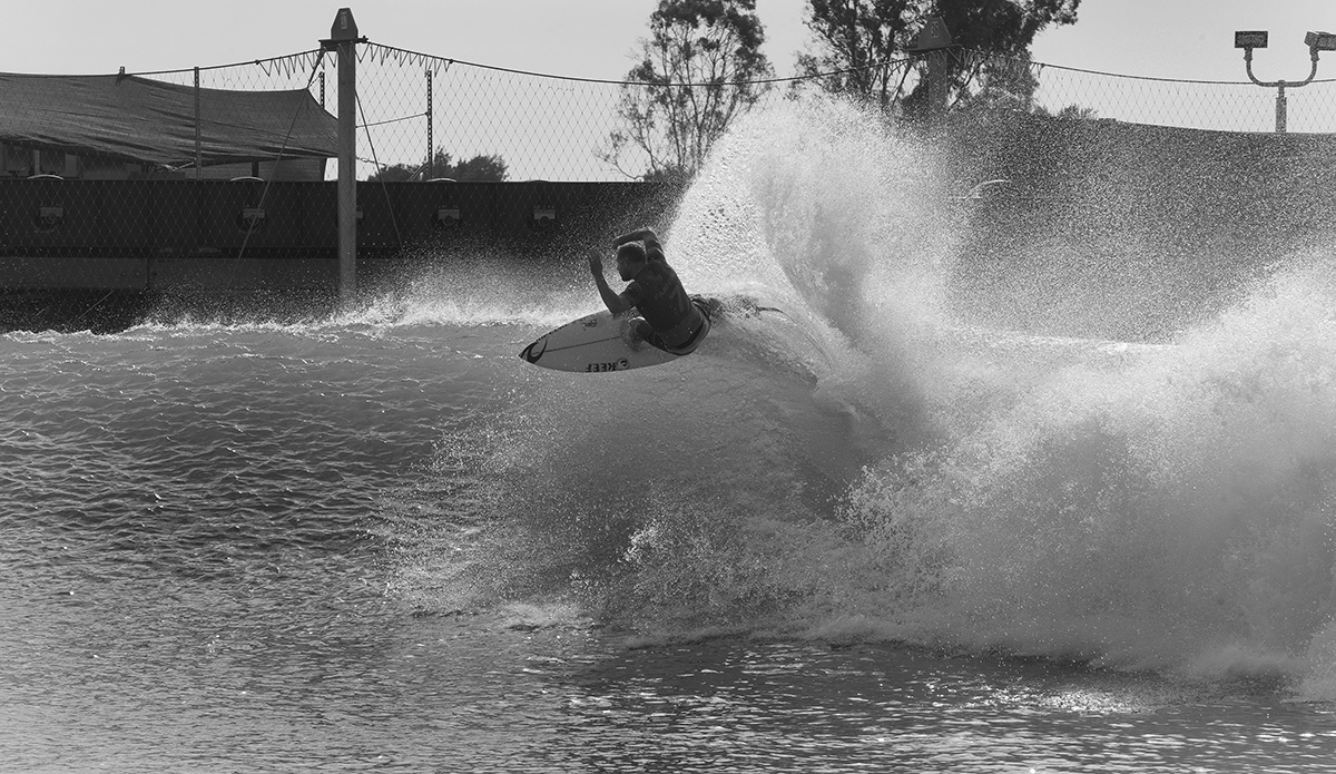 \"What I love about this shot is that it shows you how far they can crank that wave at Lemoore. Look how big it is. It looks bigger than normal. I was blown away. Mick surfs that wave so good right off the bat. He was telling me it\'s just like Greenmount, the inside bank at Snapper. That’s what it looks like. That\'s why he just took to it like a fish to water.\" Photo: <a href=\"http://t-sherms.com/\" target=\"_blank\">Steve Sherman</a>