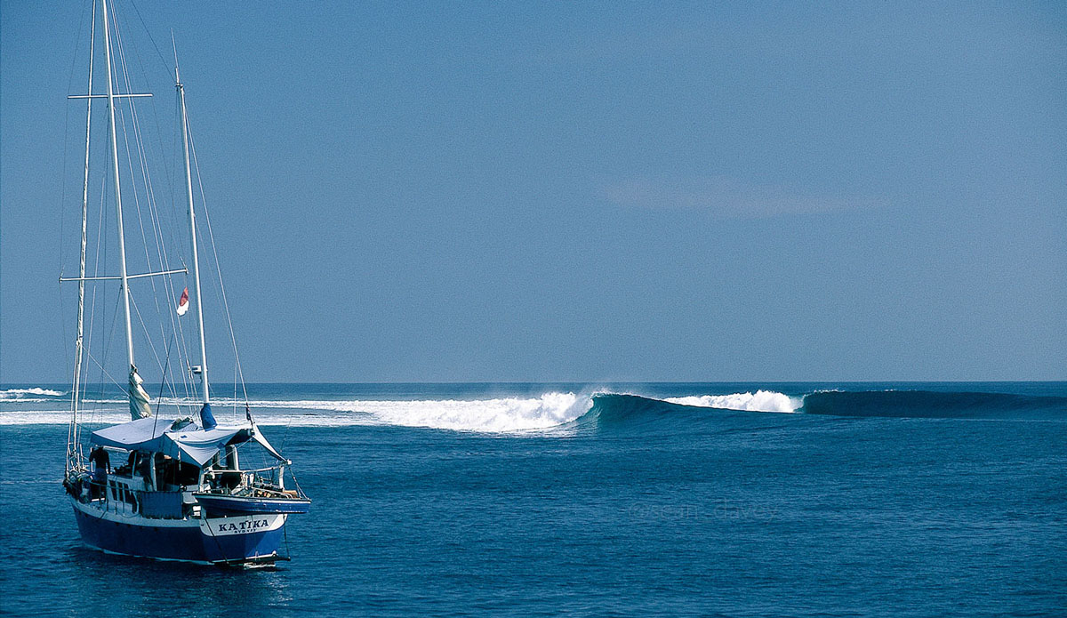 This is from my first trip to the Mentawais back in 1996. There were just three boats plying the waters there back then: a yacht called the Electric Lamb, our boat, The Indies Trader, and this boat, the Katika. This was a very idyllic setup at Lances Left this particular morning. It was 4-6 feet and no one out. I put the camera down and went for a surf.  Footnote: I spotted the Katika again on a trip in 2006, some 10 years later and she was looking magnificent, having just undergone a refit. Sadly, she burned to the waterline about a month after I saw her. Photo: Sean Davey