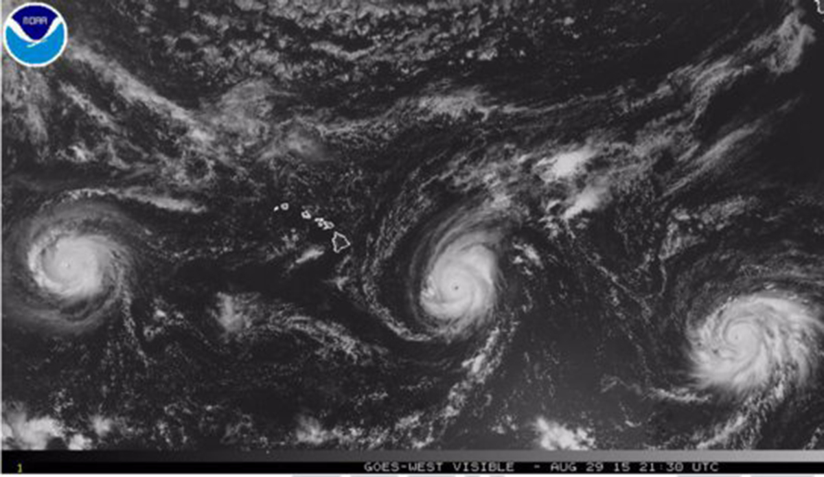 Early images of Hurricanes Kilo, Ignacio and Jimena on August 29, 2015. Photo: NASA