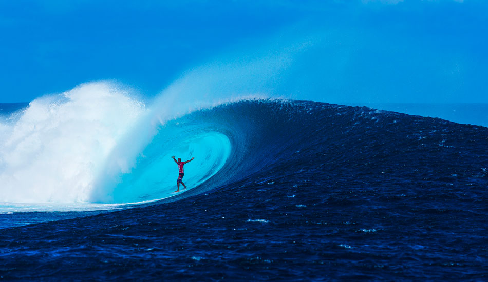 Kelly Slater again on one of the most amazing waves I have seen ridden in a contest. I managed to shoot this from the Volcom boat that was anchored in the channel. I was standing next to my mate Andrew Christie yet we both have different perspectives. Shooting contests is always a challenge to get something that the next guy hasn\'t. KS got clipped at the end of the wave, but man it was a pretty special moment. Photo: <a href=\"http://www.natesmithphoto.com/\" target=\"_blank\" title=\"Nate Smith Surf Photos\">Nate Smith</a>