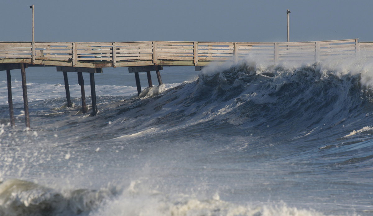 This is the Avalon Pier in Kill Devil Hills, North Carolina. It\'s taking a beating during the high surf. The deck of the pier is around 20 feet above sea level, so this gives you some perspective on this high tide wave. Photo: Mickey McCarthy