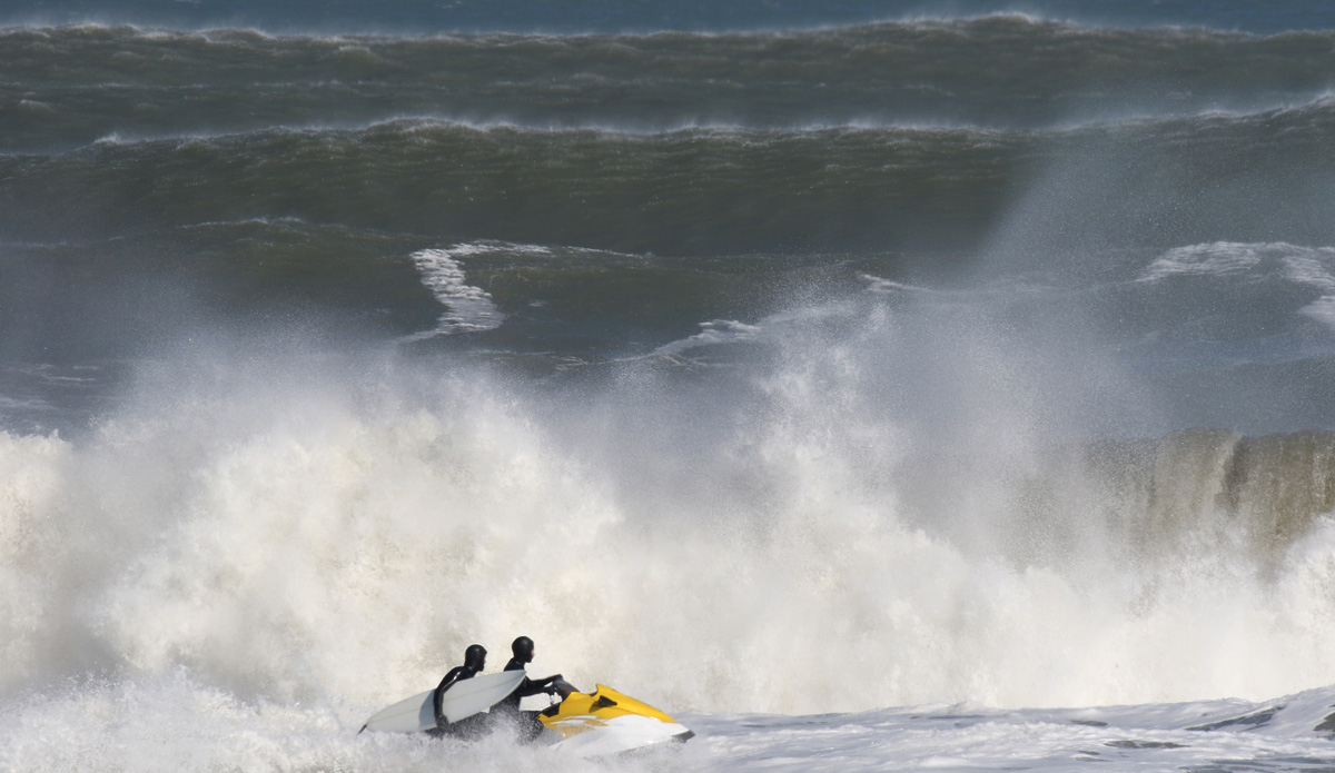 Even with the ski, getting out took some good timing. These guys are looking for a corner where the can get over the shoulder. Photo: Mickey McCarthy