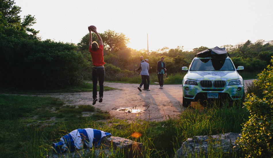 Tip 10: When the surf’s flat, throw something around.  We all suck at football. Some of us have no clue how to play. But there’s something gratifying about throwing a ball around. Photo: <a href=\"forestwoodward.com/\" target=_blank>Forest Woodward</a>