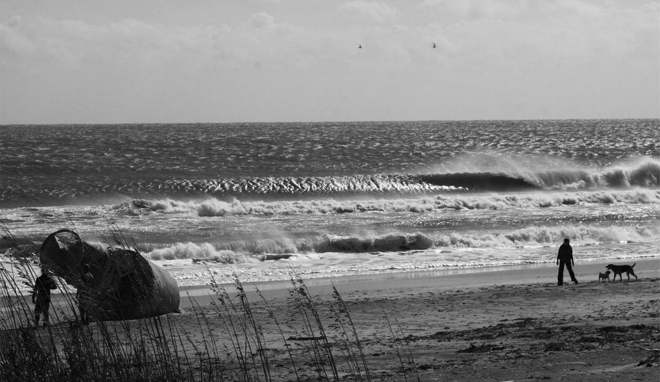 North S-Turns-Early fall brings strong winds as the air masses battle out over the open waters along the banks. As a frontal system approaches, we often get a strong southerly flow up from the open ocean south of Cape Hatteras. Sometimes we get lucky and get a sweeping south swell with the gentle 40 mph off shore winds. North S-Turns has the right beach angle to make it happen. Photo: Mickey McCarthy.