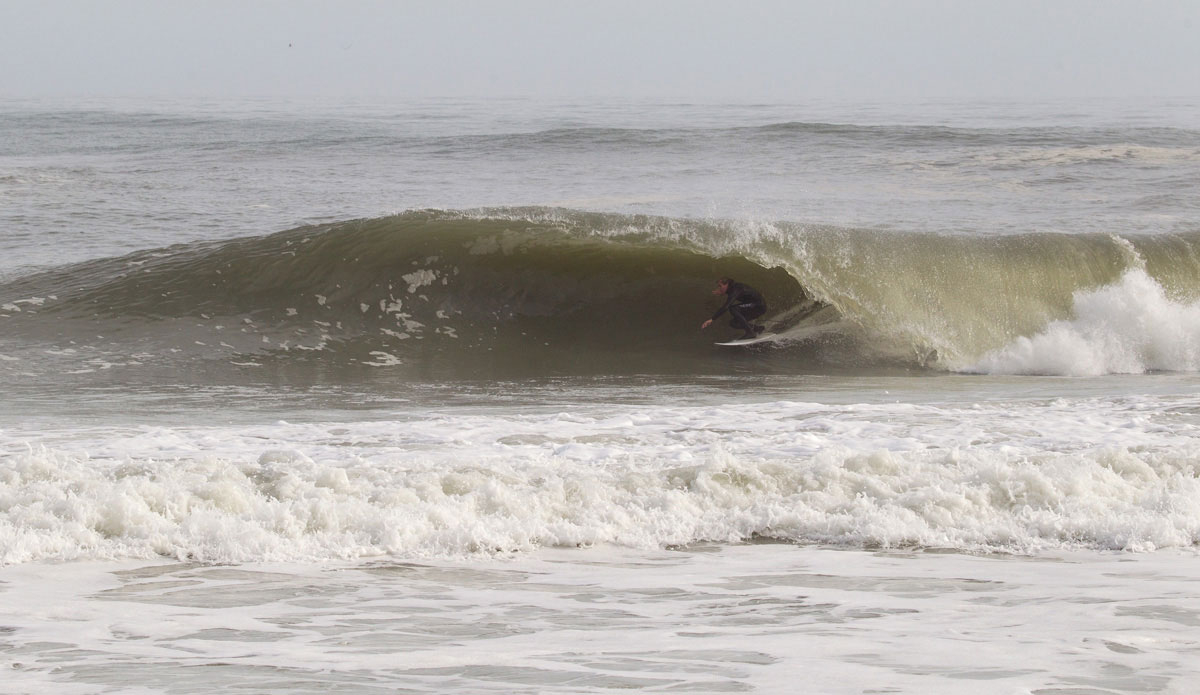 Grant Tyler was working Saturday\'s strong south current and snagged three solid barrels on this drift through the peaks. Photo: Bob Hovey