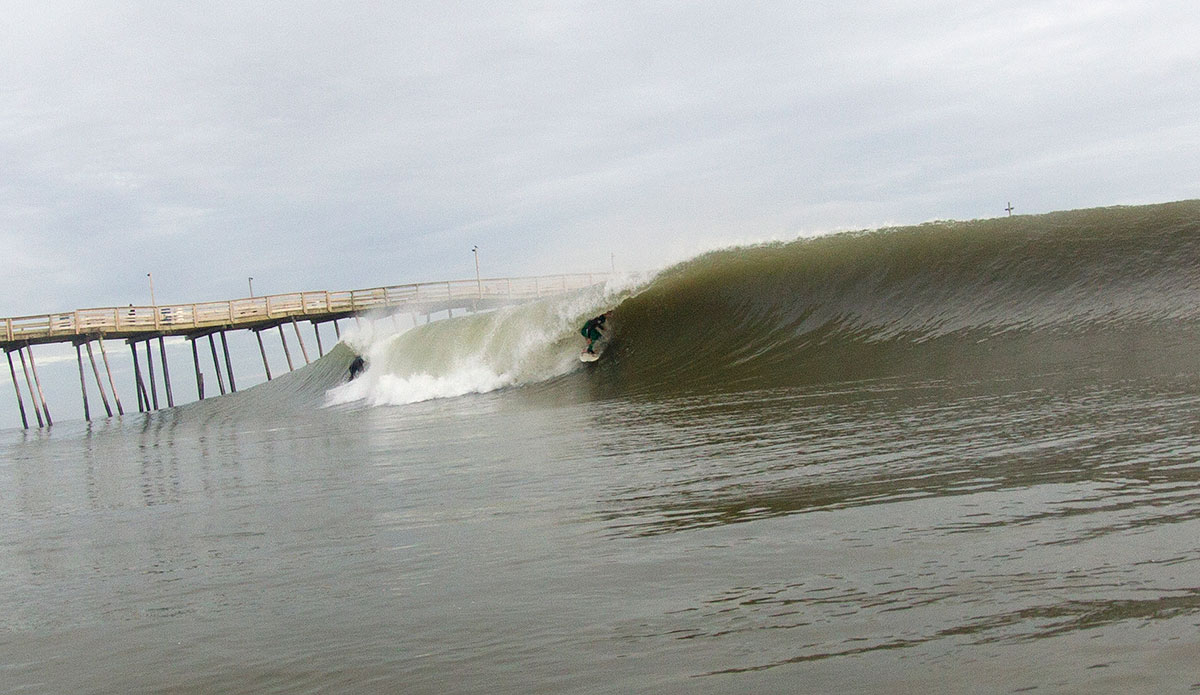 Taylor Moore on the right and Quentin Turko heading left on a perfect A-Frame at Avalon. Photo: Bob Hovey