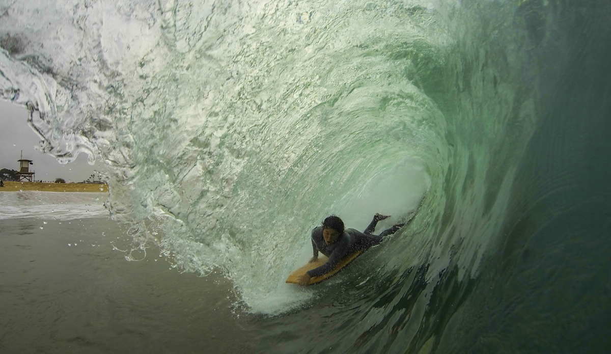 Sean Scalice on a moody morning tube at The Wedge. Photo: <a href=\"https://www.flickr.com/photos/patnolan\">Pat Nolan</a>