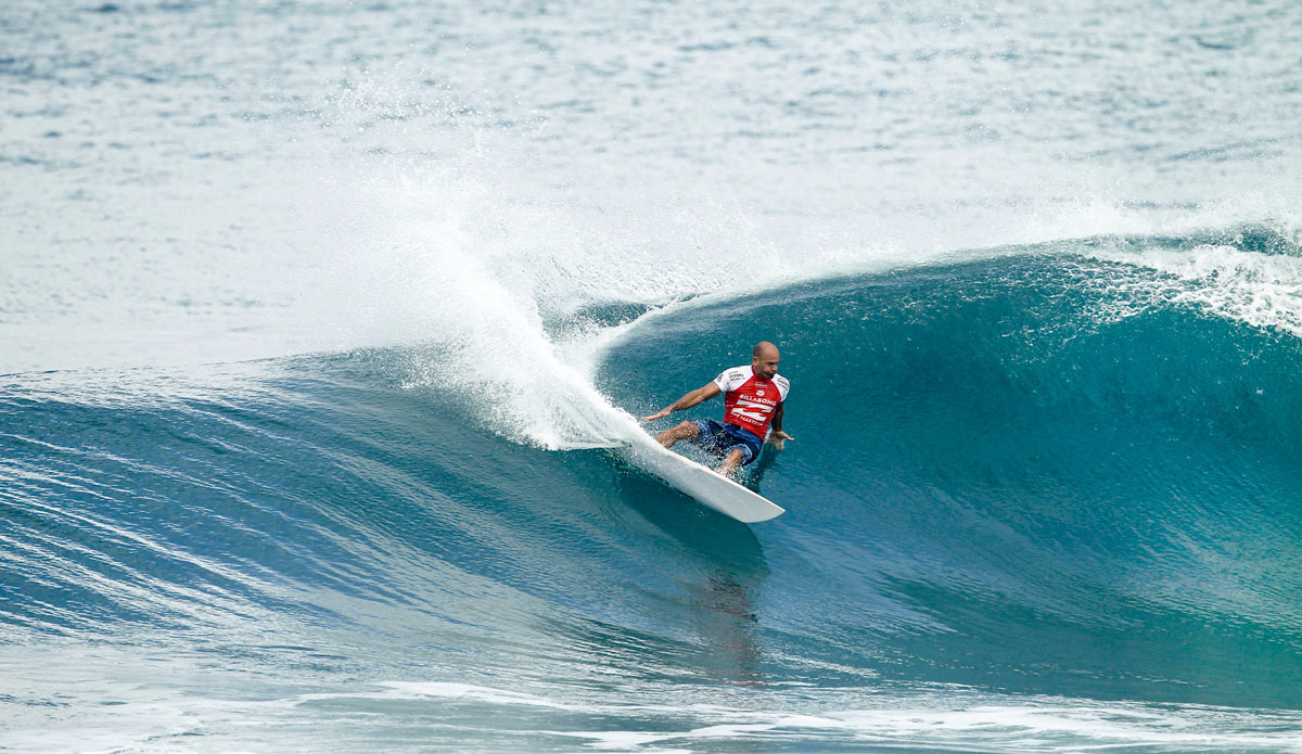 Kelly Slater of the USA (pictured) winning his Round 2 heat at the Billabong Pipe Masters at Pipeline. Photo: <a href=\"http://www.worldsurfleague.com/\">WSL</a>/<a href=\"https://www.instagram.com/kc80/\">Cestari</a>