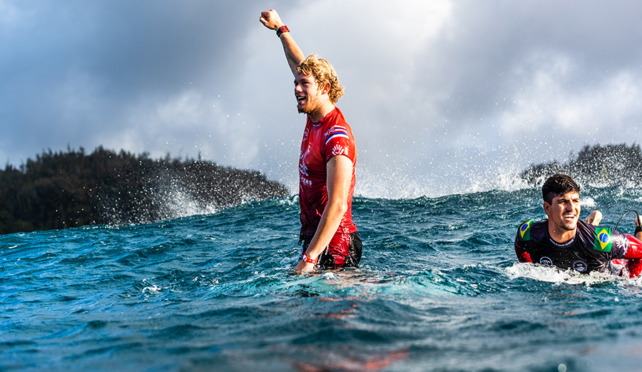 A genuine show of emotion from the two-time champ who may be on his way to a third. Photo: Tony Heff/WSL