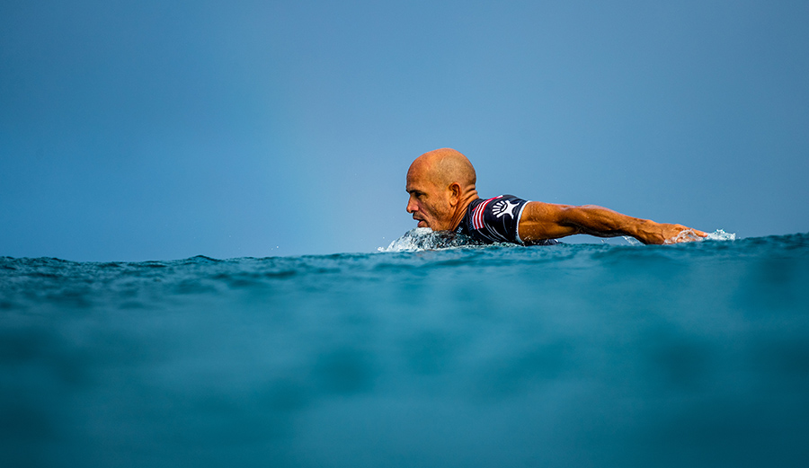 Kelly Slater looked right at home with surfers half his age and was still willing to burn his little brother (JJF) even if it meant an interference. Photo by Brent Bielmann/WSL