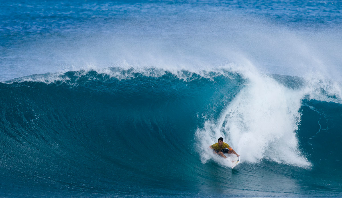 Gabriel Medina not only won a World Title today, he surfed Pipeline excellently. Here\'s a solid wave at Backdoor. Photo: <a href=\"http://mattdunbar.com.au\" target=\"_blank\">Matt Dunbar</a>