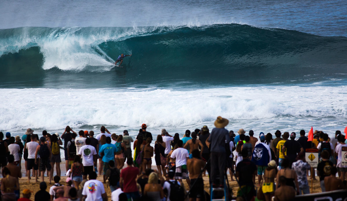 In one of the two biggest upsets of the day, Kelly Slater fell to Alejo Muniz. Alejo also slayed Mick Fanning, all but cementing the title for his fellow Brazilian. ALEJO was actually the first name the crowd on the beach started cheering. Photo: <a href=\"http://mattdunbar.com.au\" target=\"_blank\">Matt Dunbar</a>