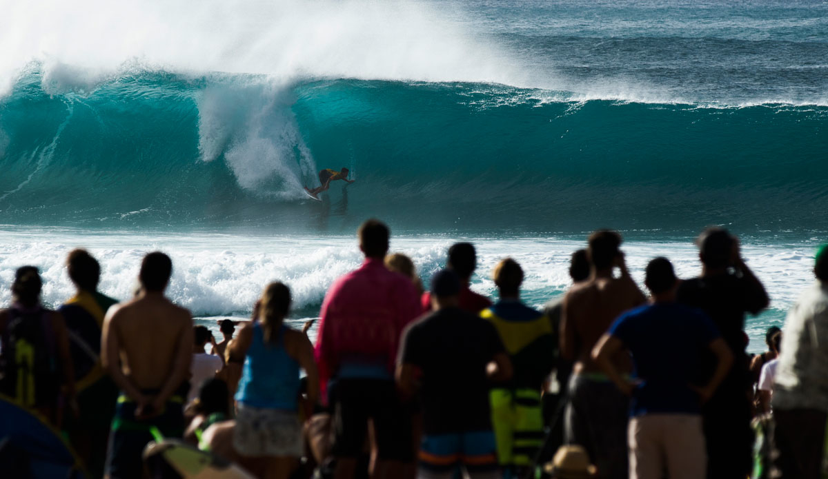 Medina never stopped competing (aside from the 20 minute beach party after finding out he won the crown). That was the only time. He pulled this drainer out of nowhere in the Pipe final.  Photo: <a href=\"http://mattdunbar.com.au\" target=\"_blank\">Matt Dunbar</a>